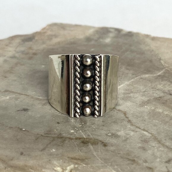 Sterling Silver 925 ATI Mexico Bead Ball Wide Band Ring Tapered Shank Sz 5.5 - Picture 12 of 16
